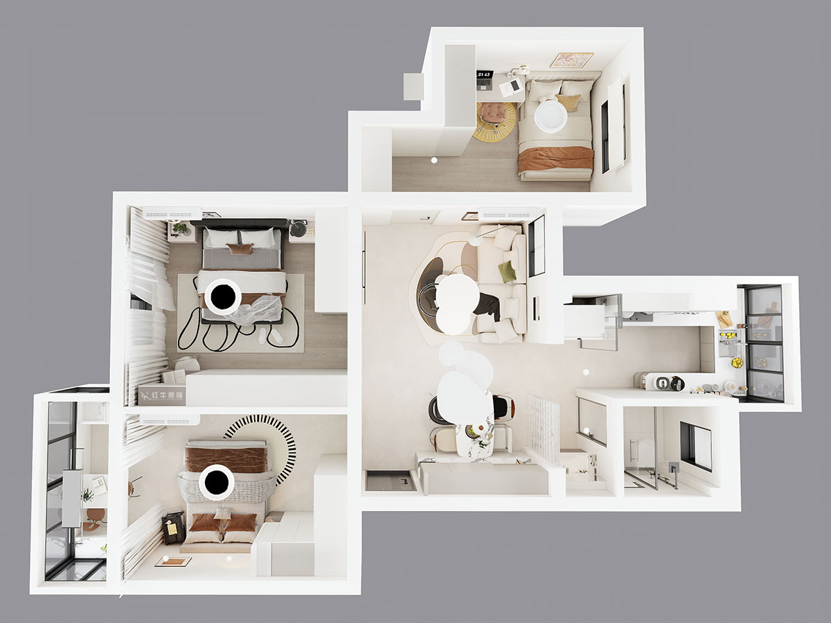 朱明琪｜明月新寓花园12-102-85㎡-现代简约风格｜3室1厅1卫｜老房改造｜定制家｜全包11万｜00_04鸟瞰图